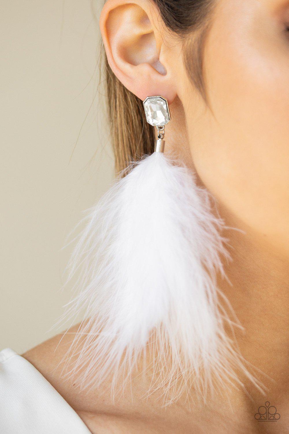 Paparazzi The Showgirl Must Go On White Feather Earrings