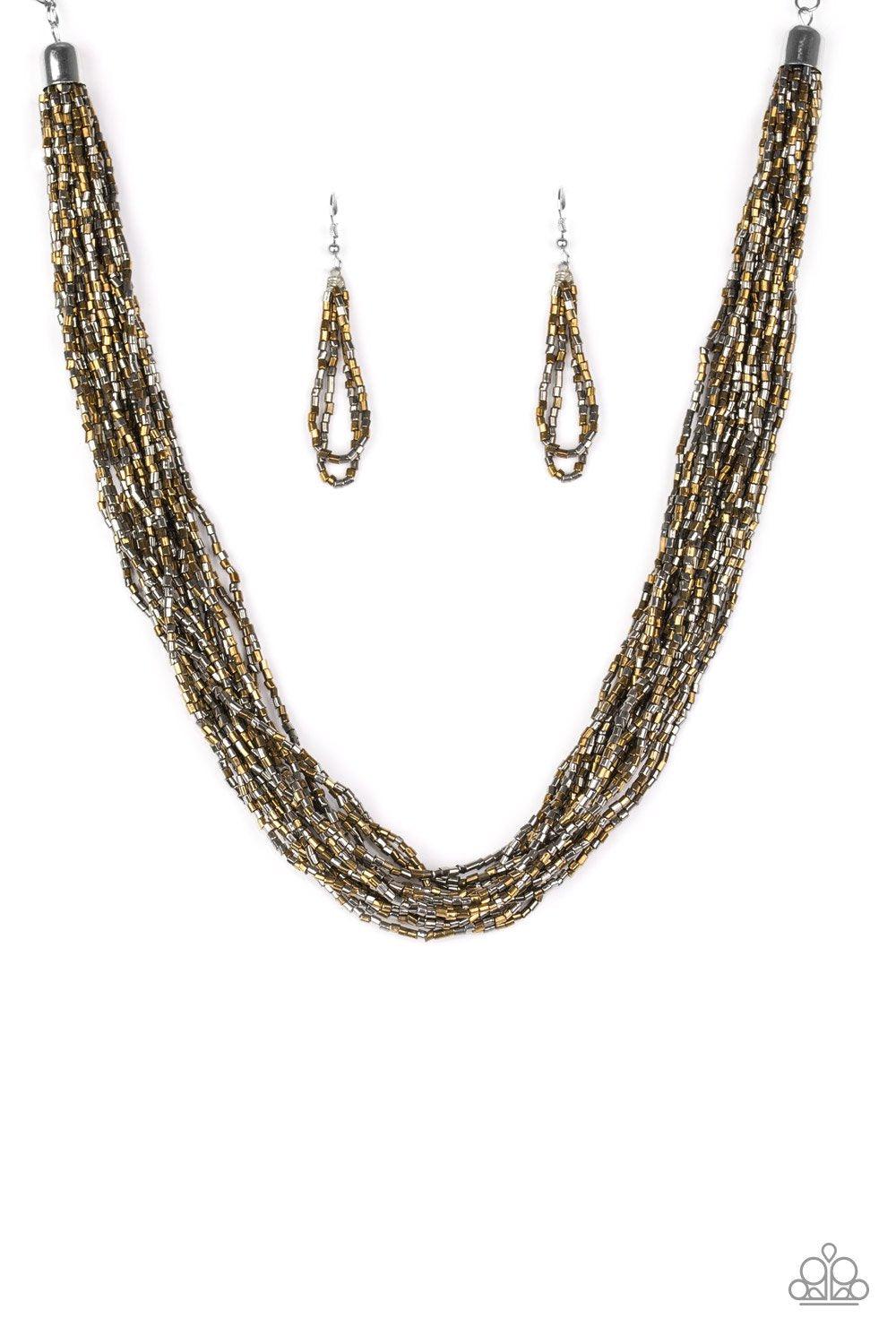 The Speed Of Starlight Brass and Gunmetal Seed Bead Necklace and Earrings - Paparazzi Accessories-CarasShop.com - $5 Jewelry by Cara Jewels