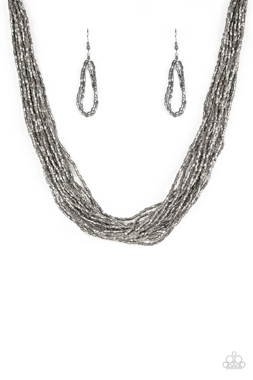 The Speed Of Starlight Gunmetal Seed Bead Necklace and matching Earrings - Paparazzi Accessories-CarasShop.com - $5 Jewelry by Cara Jewels