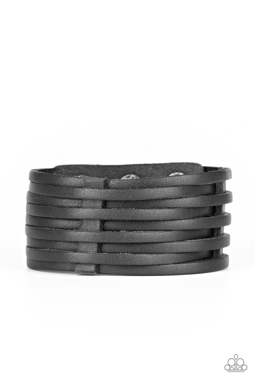 The Starting Lineup Men&#39;s Black Leather Wrap Snap Bracelet - Paparazzi Accessories-CarasShop.com - $5 Jewelry by Cara Jewels
