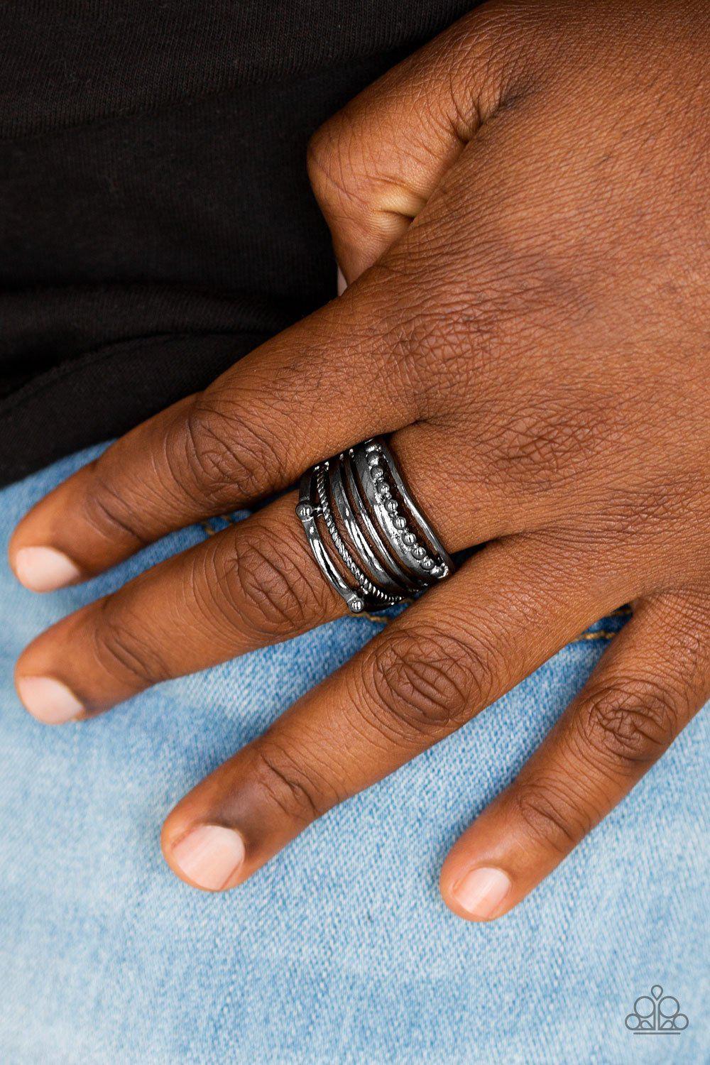 The STEEL Of The Night Black Gunmetal Ring - Paparazzi Accessories-CarasShop.com - $5 Jewelry by Cara Jewels