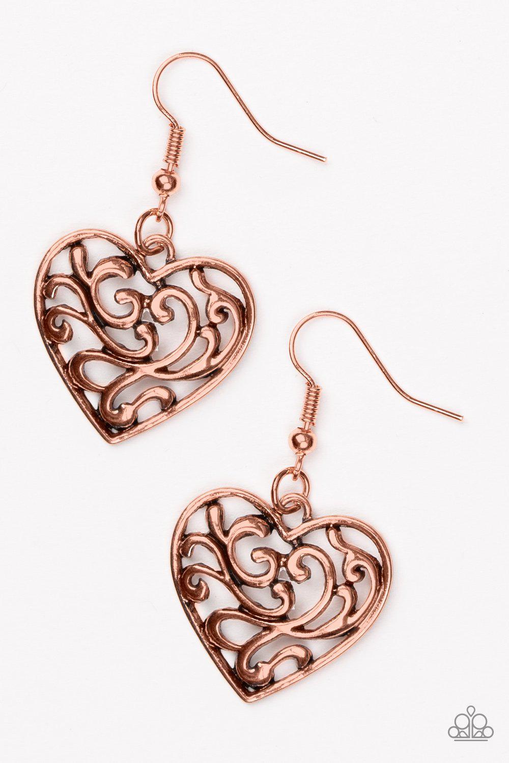 The Truth HEARTS Copper Heart Earrings - Paparazzi Accessories-CarasShop.com - $5 Jewelry by Cara Jewels