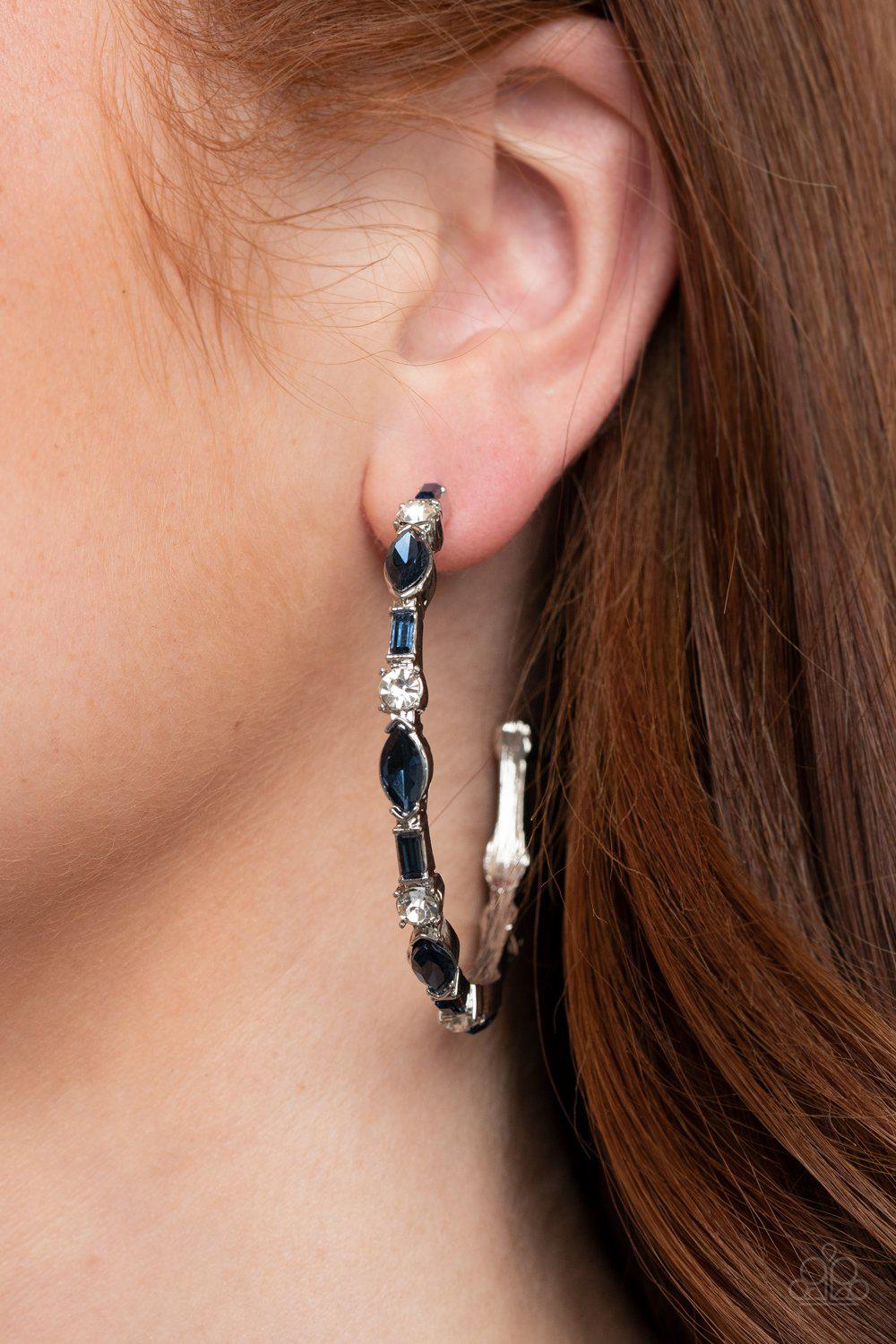 There Goes The Neighborhood Blue Rhinestone Hoop Earrings - Paparazzi Accessories - model -CarasShop.com - $5 Jewelry by Cara Jewels
