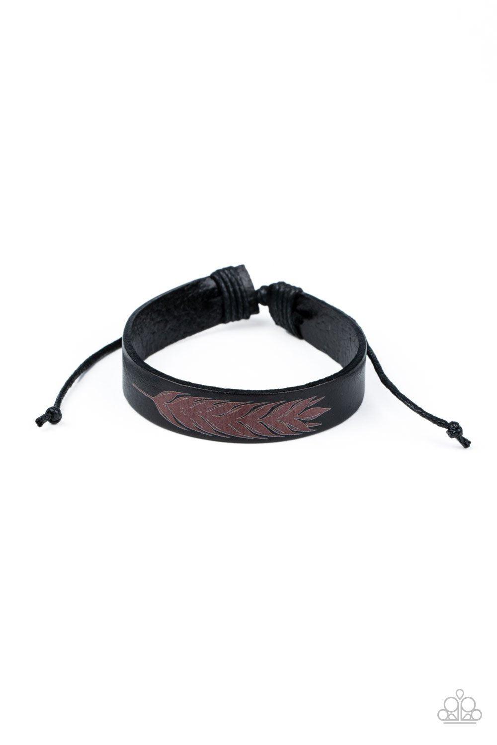 This QUILL All Be Yours Black Leather Feather Urban Knot Bracelet - Paparazzi Accessories-CarasShop.com - $5 Jewelry by Cara Jewels