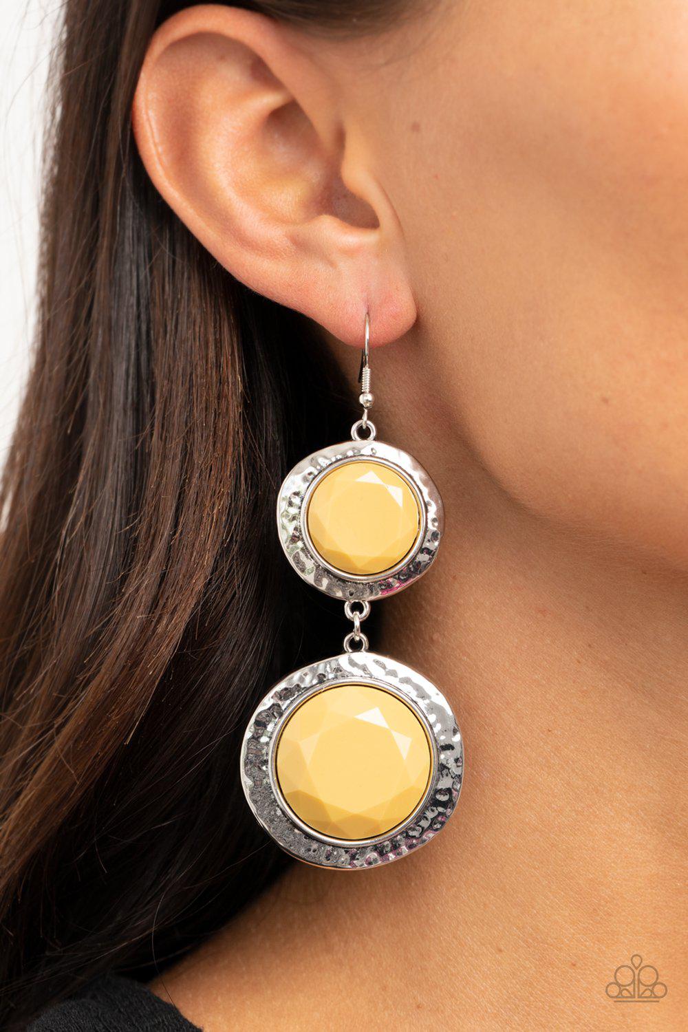 Thrift Shop Stop Yellow and Silver Earrings - Paparazzi Accessories-CarasShop.com - $5 Jewelry by Cara Jewels
