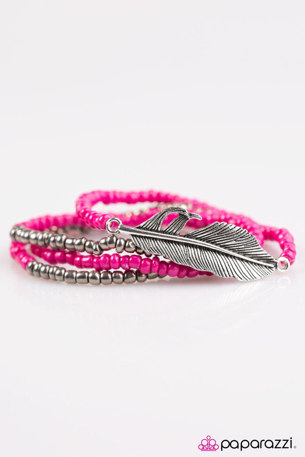 Thunderbird Pink and Metallic Bead and Feather Bracelet Set - Paparazzi Accessories-CarasShop.com - $5 Jewelry by Cara Jewels