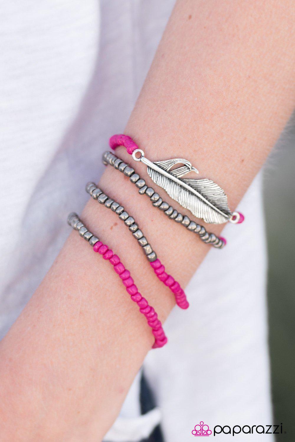 Thunderbird Pink and Metallic Bead and Feather Bracelet Set - Paparazzi Accessories-CarasShop.com - $5 Jewelry by Cara Jewels