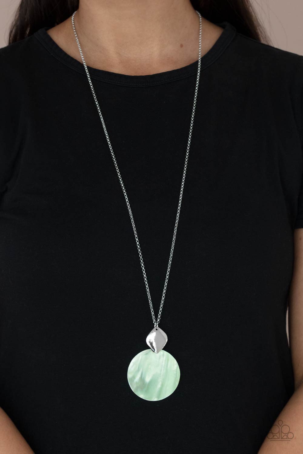 Tidal Tease Green Shell-like Necklace - Paparazzi Accessories- model - CarasShop.com - $5 Jewelry by Cara Jewels