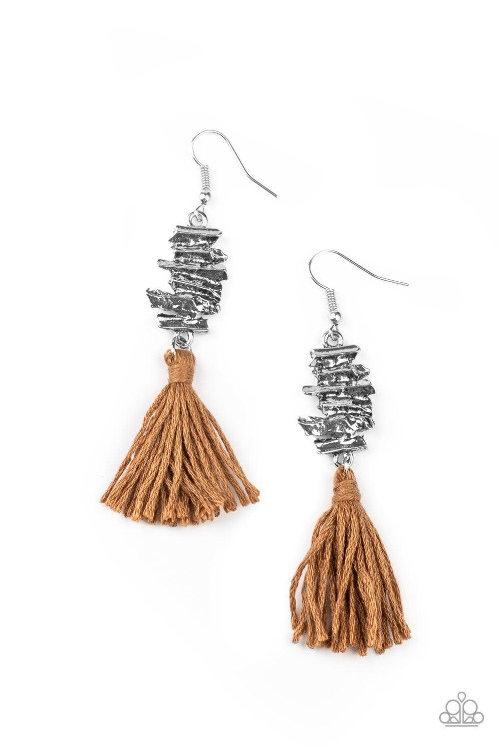 Tiki Tassel Brown and Silver Earrings - Paparazzi Accessories-CarasShop.com - $5 Jewelry by Cara Jewels