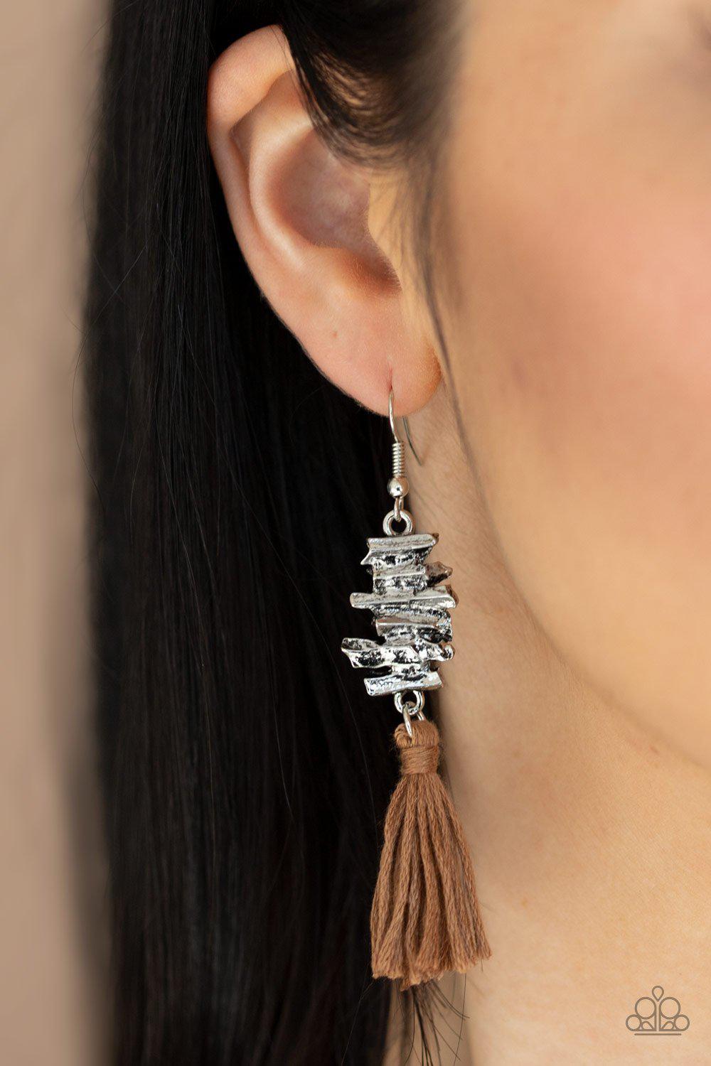 Tiki Tassel Brown and Silver Earrings - Paparazzi Accessories-CarasShop.com - $5 Jewelry by Cara Jewels