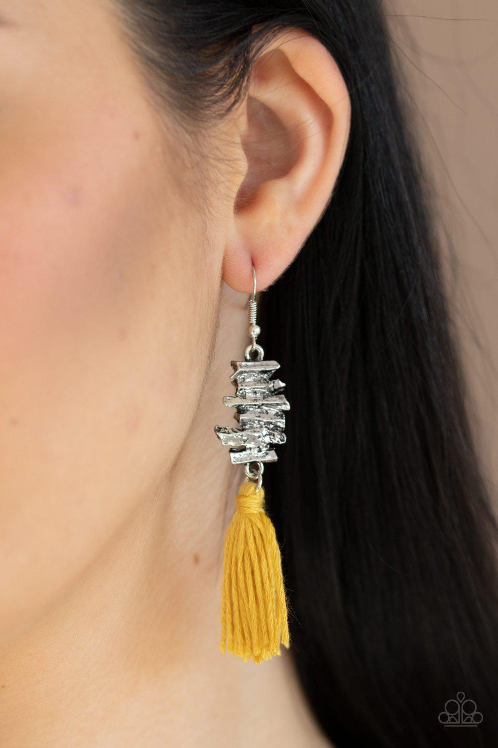 Tiki Tassel Yellow and Silver Earrings - Paparazzi Accessories-CarasShop.com - $5 Jewelry by Cara Jewels