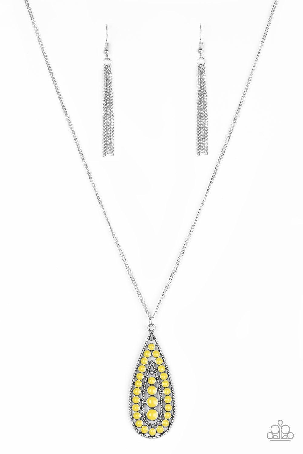 Tiki Tease Silver and Yellow Teardrop Necklace - Paparazzi Accessories-CarasShop.com - $5 Jewelry by Cara Jewels