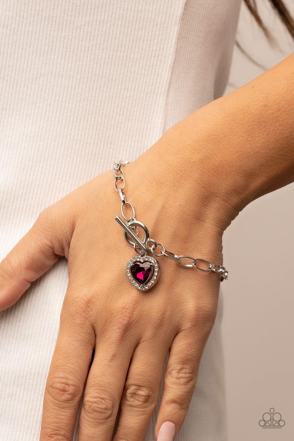 Till DAZZLE Do Us Part Pink Rhinestone Heart Bracelet - Paparazzi Accessories- on model - CarasShop.com - $5 Jewelry by Cara Jewels
