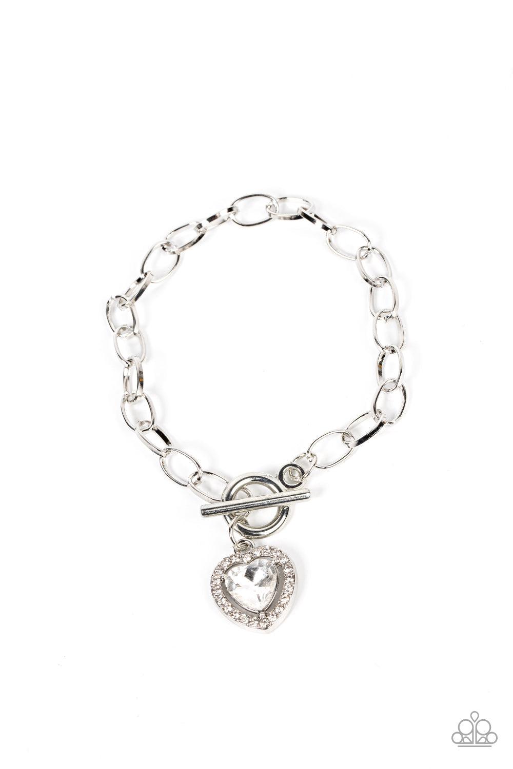 Till DAZZLE Do Us Part White Rhinestone Heart Bracelet - Paparazzi Accessories- lightbox - CarasShop.com - $5 Jewelry by Cara Jewels