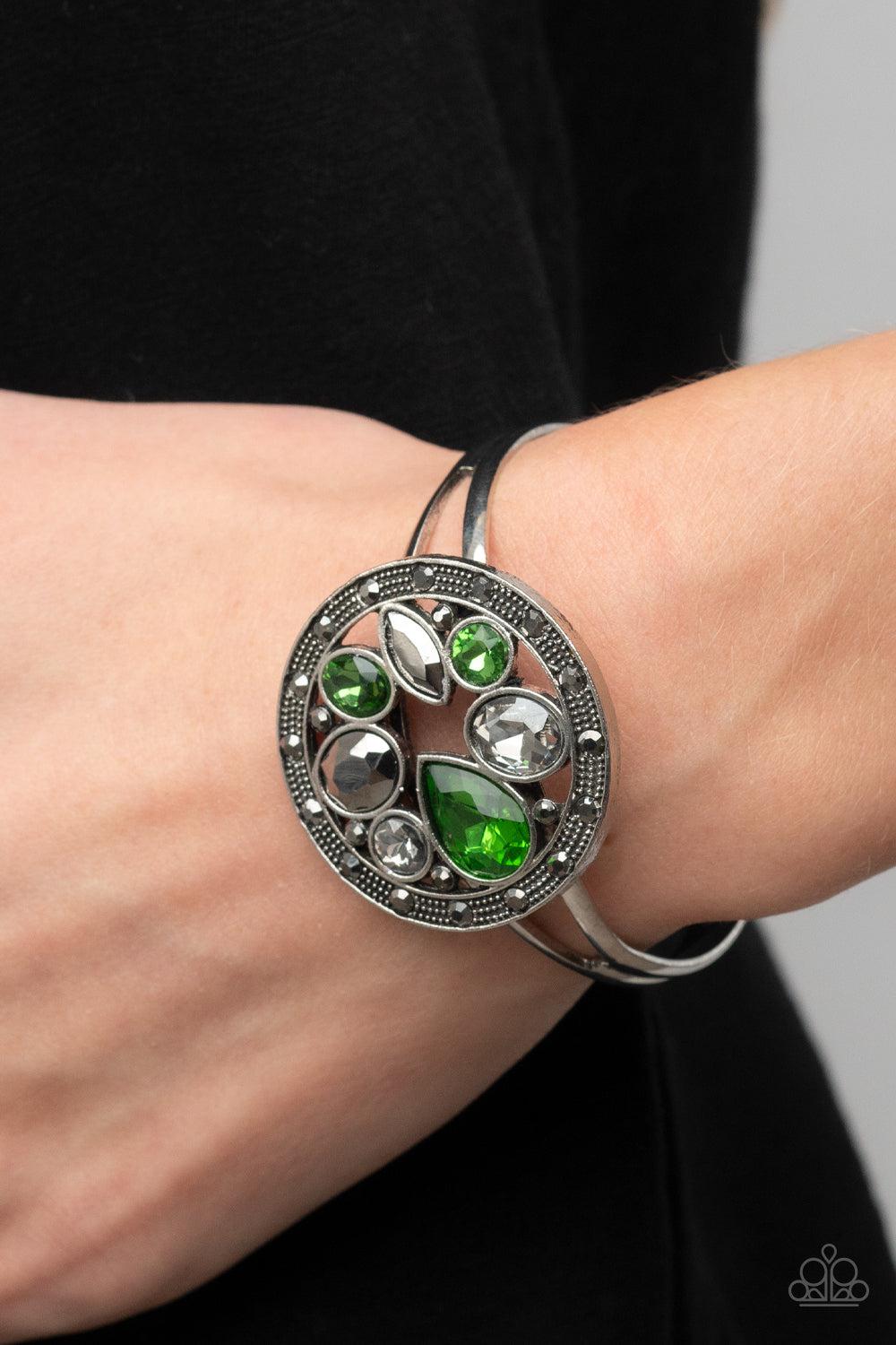 Time to Twinkle Green Rhinestone Cuff Bracelet - Paparazzi Accessories-on model - CarasShop.com - $5 Jewelry by Cara Jewels