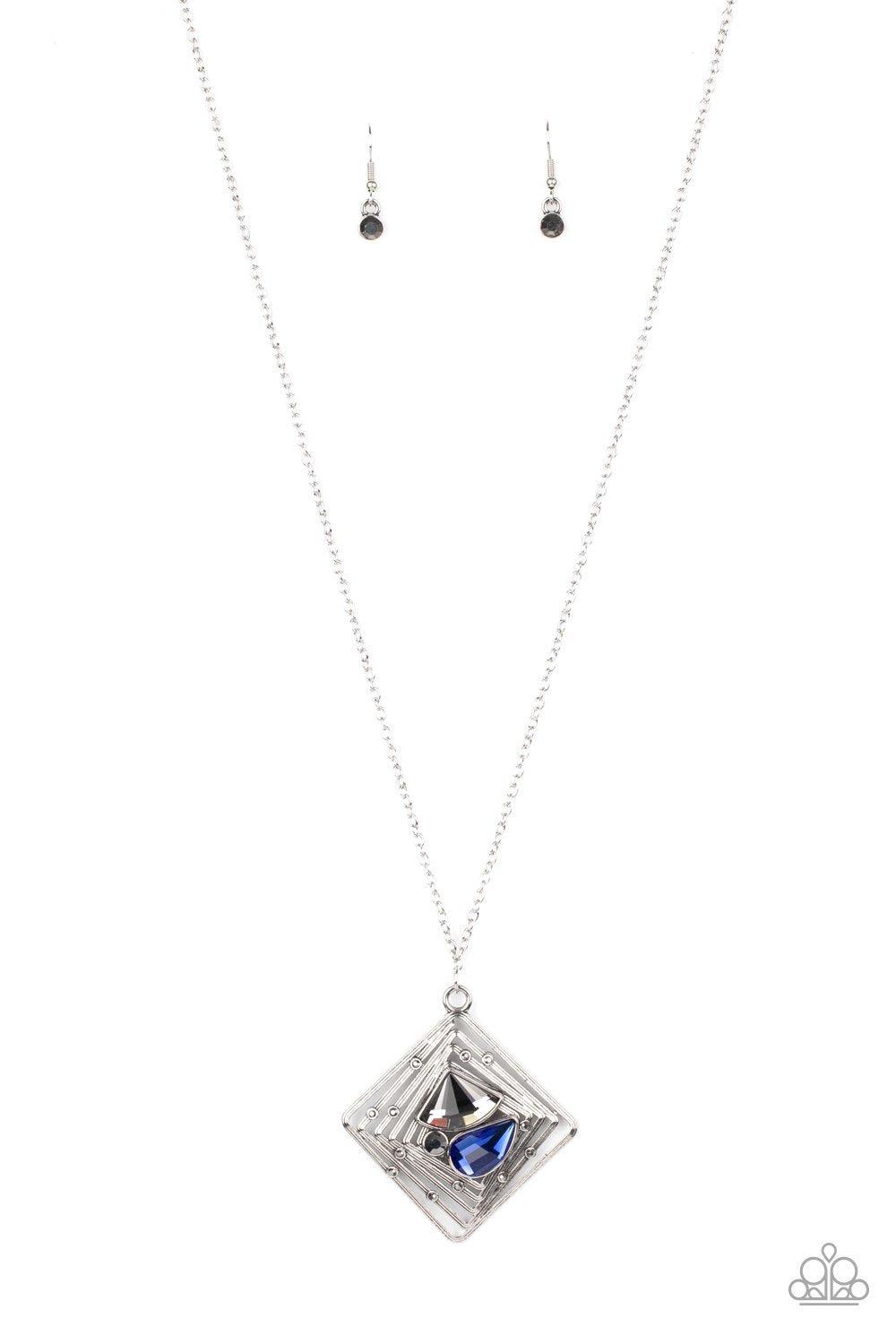 Timelessly Tilted Blue and Silver Rhinestone Pendant Necklace - Paparazzi Accessories-CarasShop.com - $5 Jewelry by Cara Jewels