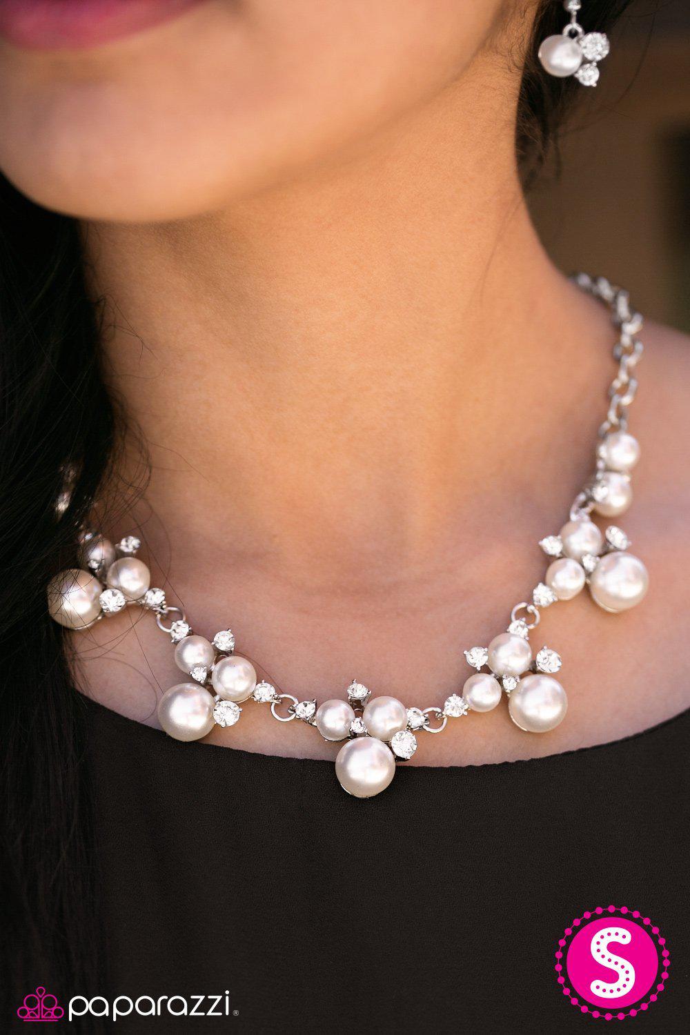 Toast to Perfection White Pearl Necklace and matching Earrings - Paparazzi Accessories - model -CarasShop.com - $5 Jewelry by Cara Jewels