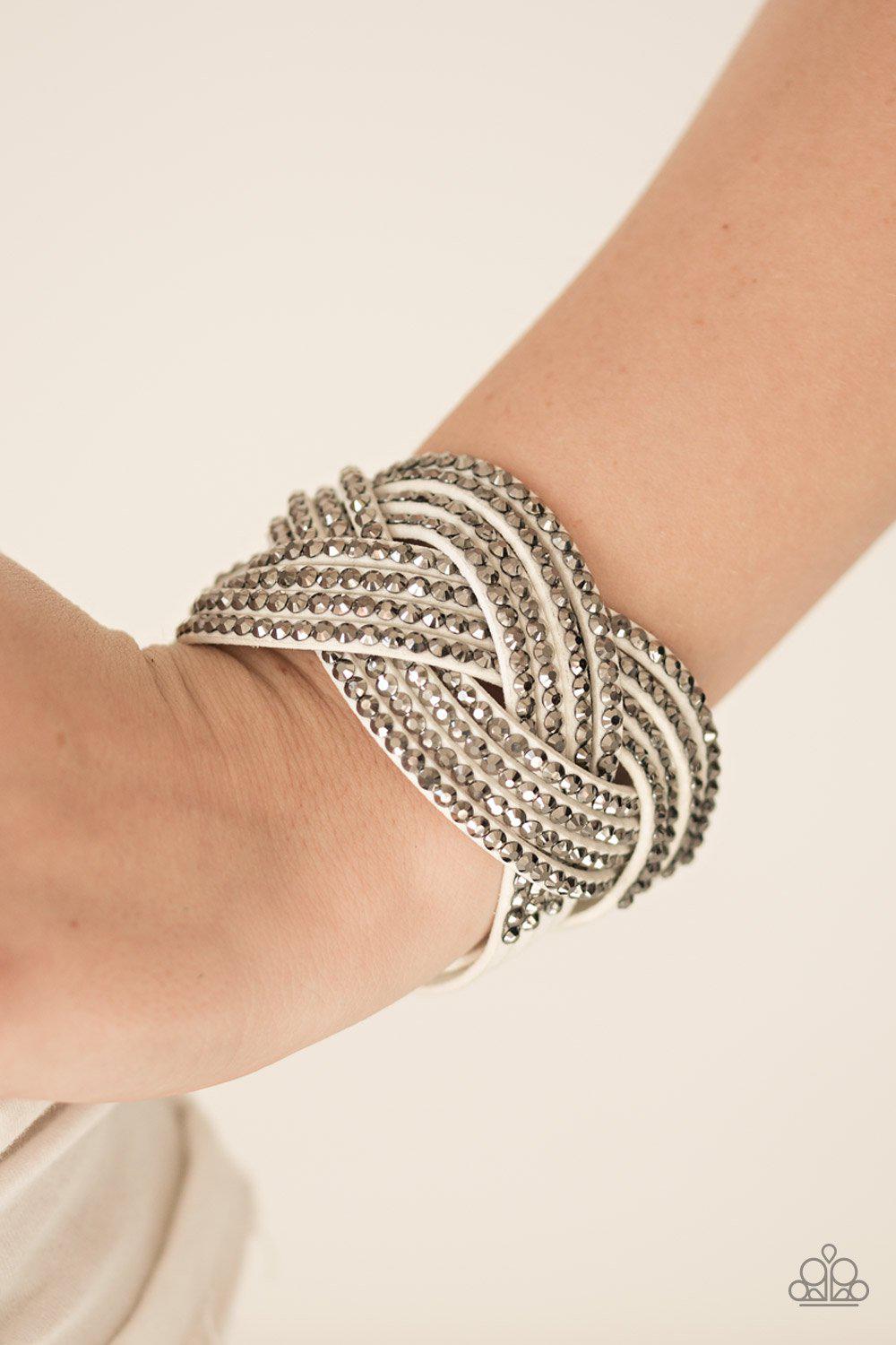Top Class Chic White and Hematite Braided Urban Wrap Snap Bracelet - Paparazzi Accessories-CarasShop.com - $5 Jewelry by Cara Jewels