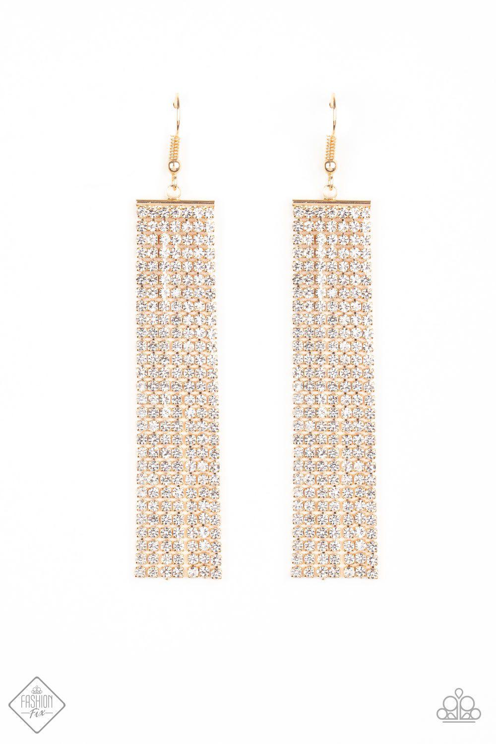 Top-Down Shimmer Gold and White Rhinestone Earrings - Paparazzi Accessories-CarasShop.com - $5 Jewelry by Cara Jewels