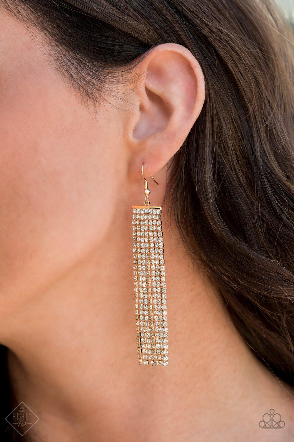 Top-Down Shimmer Gold and White Rhinestone Earrings - Paparazzi Accessories-CarasShop.com - $5 Jewelry by Cara Jewels