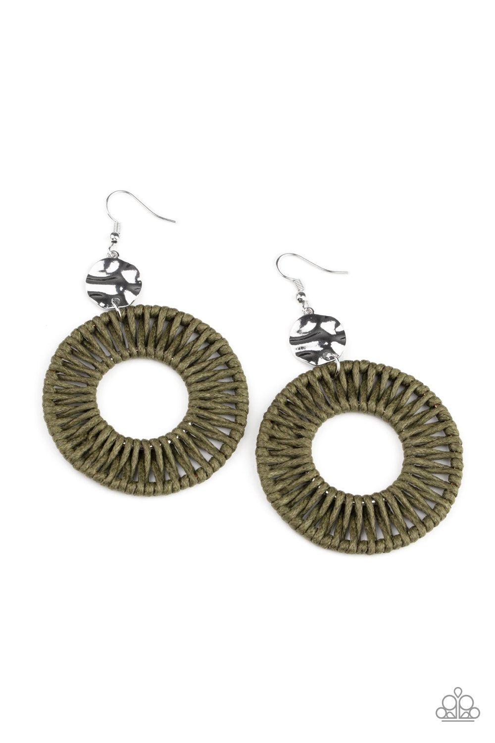 Total Basket Case Green Woven Hoop Earrings - Paparazzi Accessories - lightbox -CarasShop.com - $5 Jewelry by Cara Jewels
