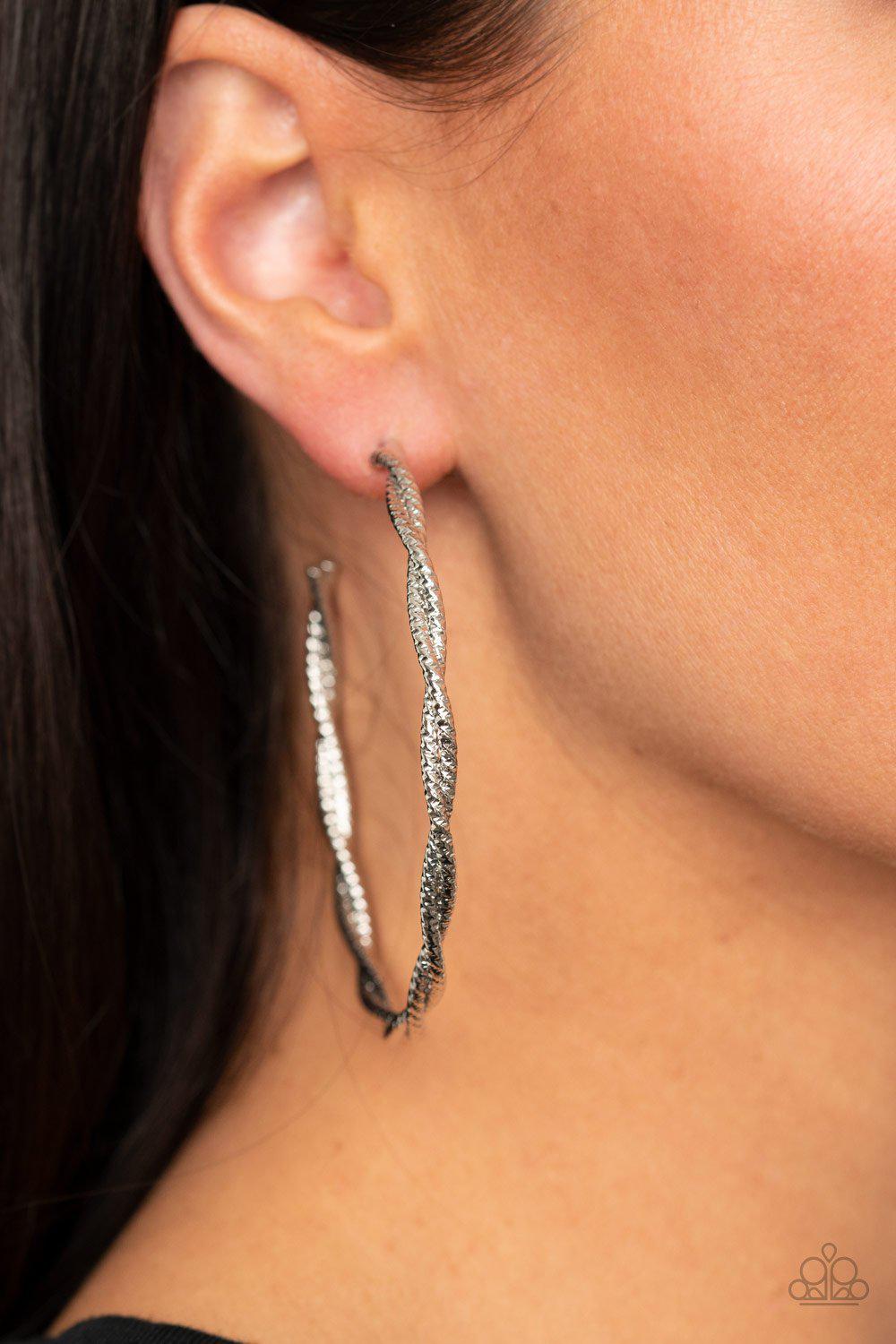Totally Throttled Silver Hoop Earrings - Paparazzi Accessories - model -CarasShop.com - $5 Jewelry by Cara Jewels