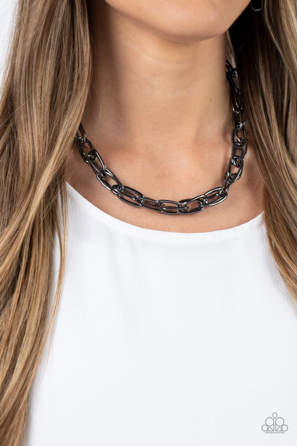 Tough Call Gunmetal Black Chain Necklace - Paparazzi Accessories-on model - CarasShop.com - $5 Jewelry by Cara Jewels