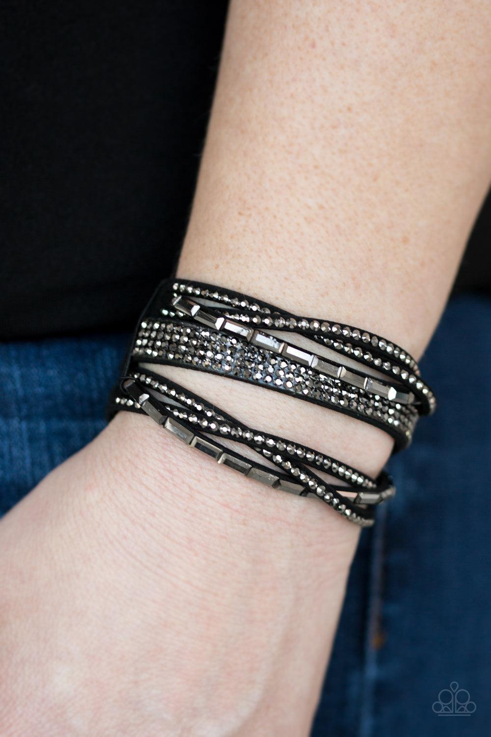Tough Girl Glamour Black &amp; Hematite Wrap Bracelet - Paparazzi Accessories- on model - CarasShop.com - $5 Jewelry by Cara Jewels