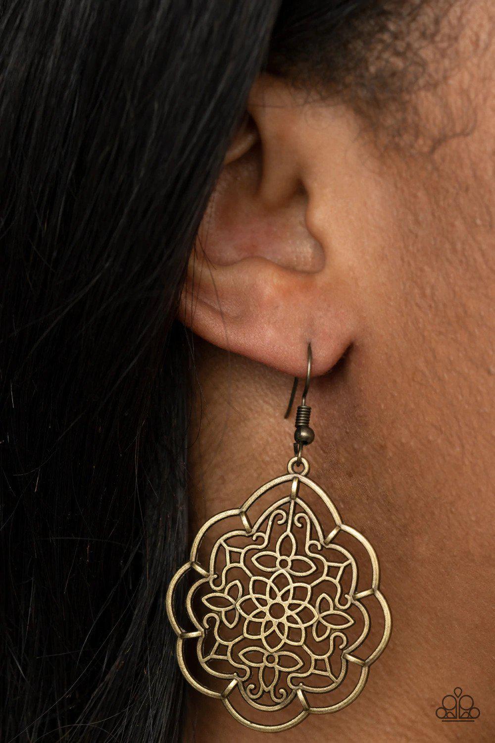 Tour De Taj Mahal Brass Earrings - Paparazzi Accessories- on model - CarasShop.com - $5 Jewelry by Cara Jewels