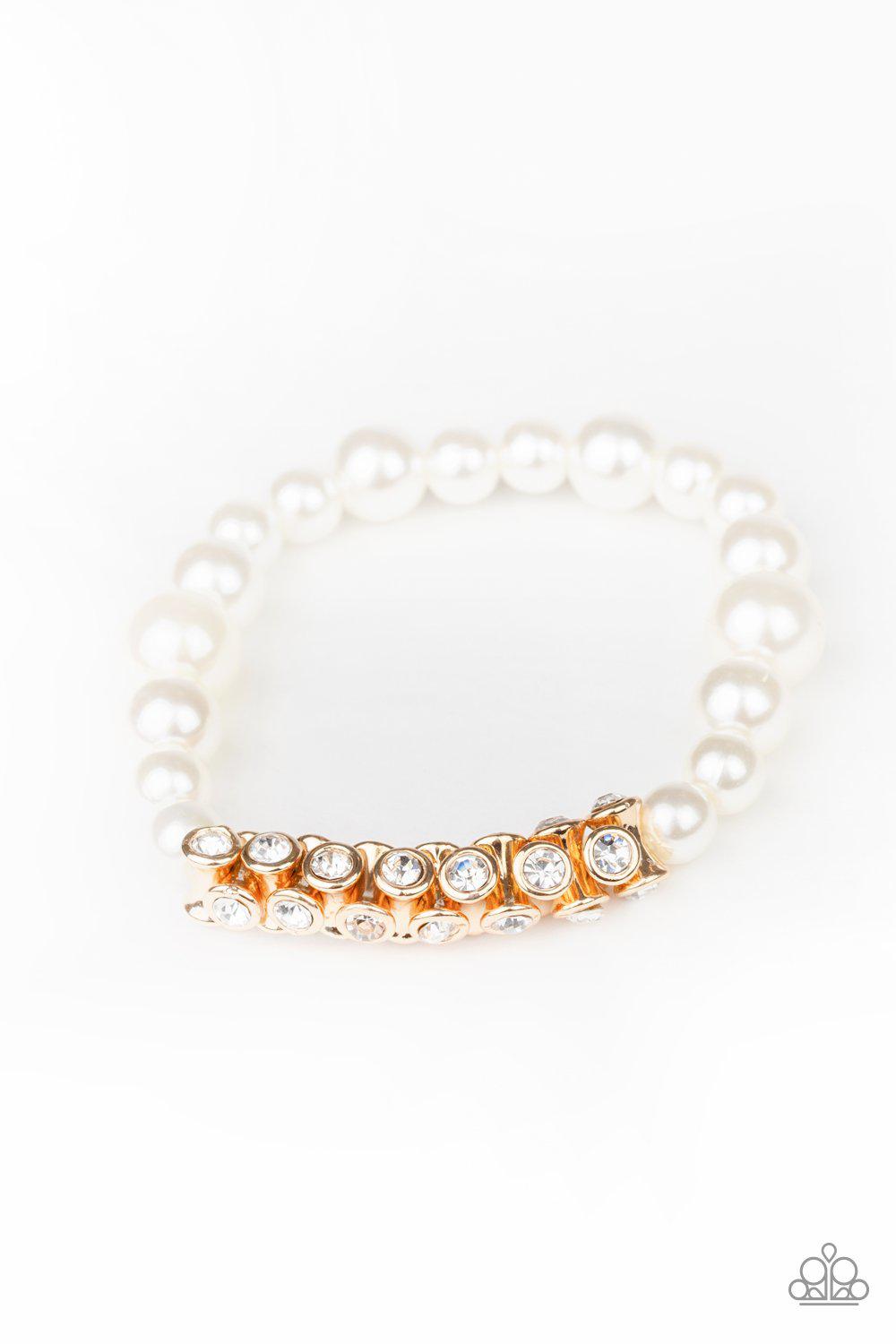 Traffic Stopping Sparkle Gold and White Pearl Bracelet - Paparazzi Accessories-CarasShop.com - $5 Jewelry by Cara Jewels