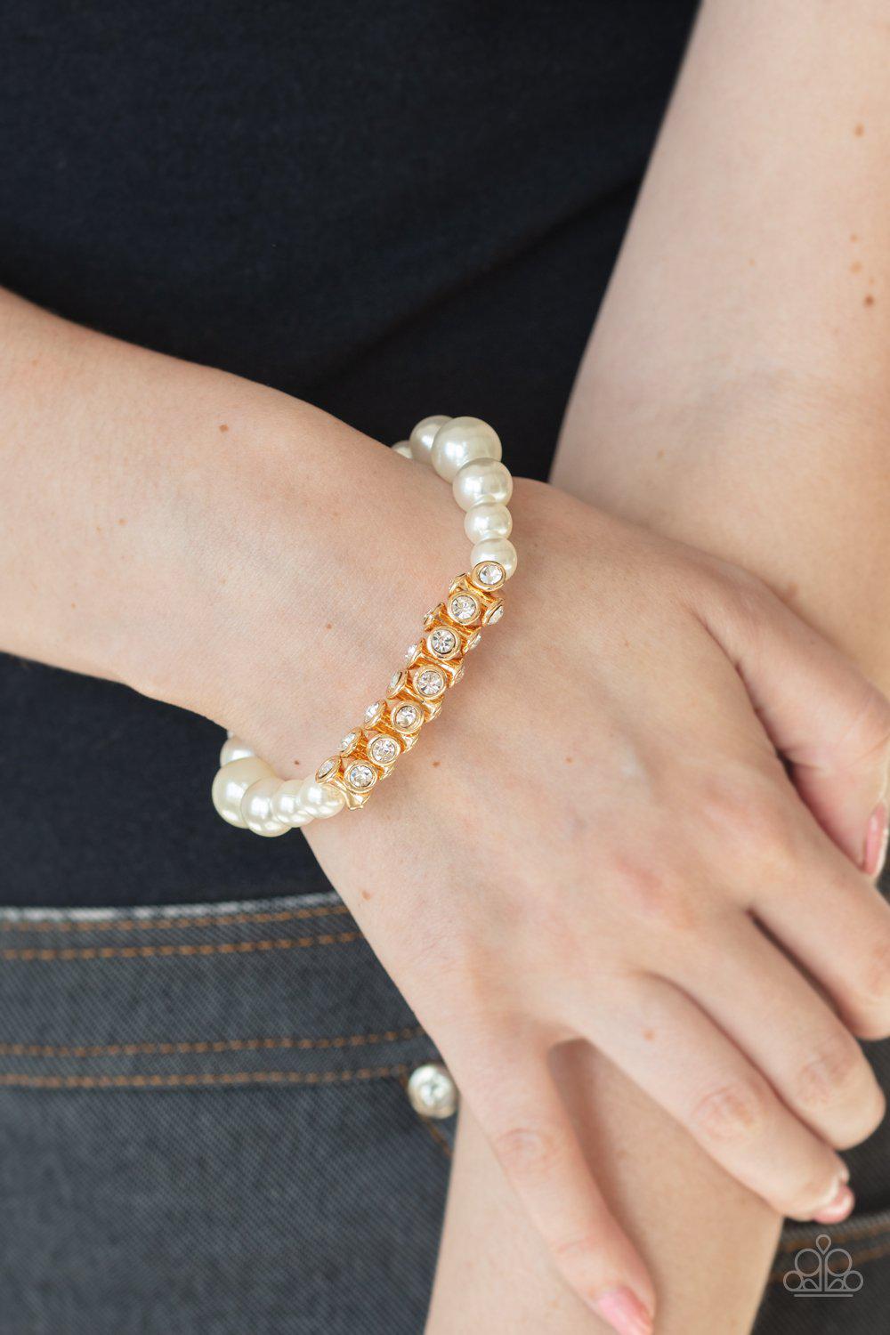 Traffic Stopping Sparkle Gold and White Pearl Bracelet - Paparazzi Accessories-CarasShop.com - $5 Jewelry by Cara Jewels
