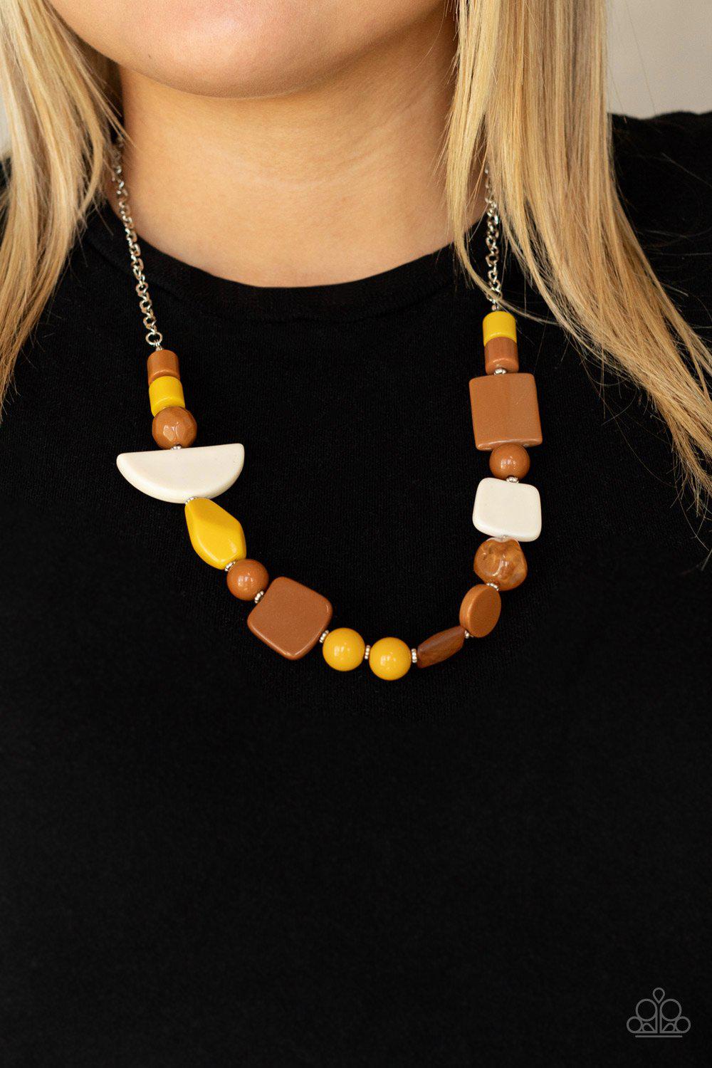 Tranquil Trendsetter Yellow and Brown Abstract Acrylic Necklace - Paparazzi Accessories 2021 Convention Exclusive- model - CarasShop.com - $5 Jewelry by Cara Jewels