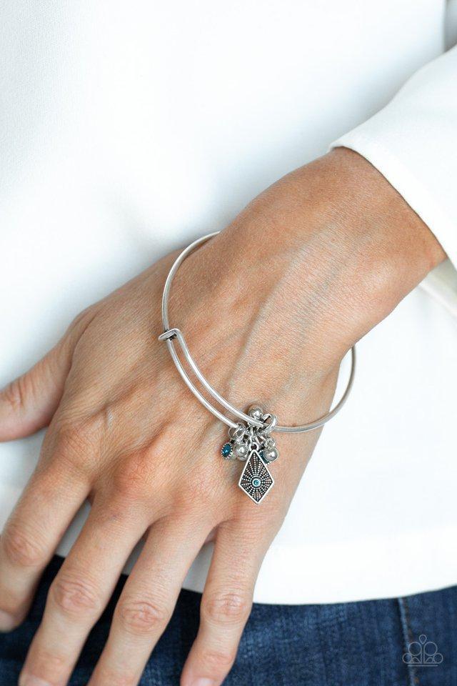 Treasure Charms Blue and Silver Charm Bangle Bracelet - Paparazzi Accessories- model - CarasShop.com - $5 Jewelry by Cara Jewels
