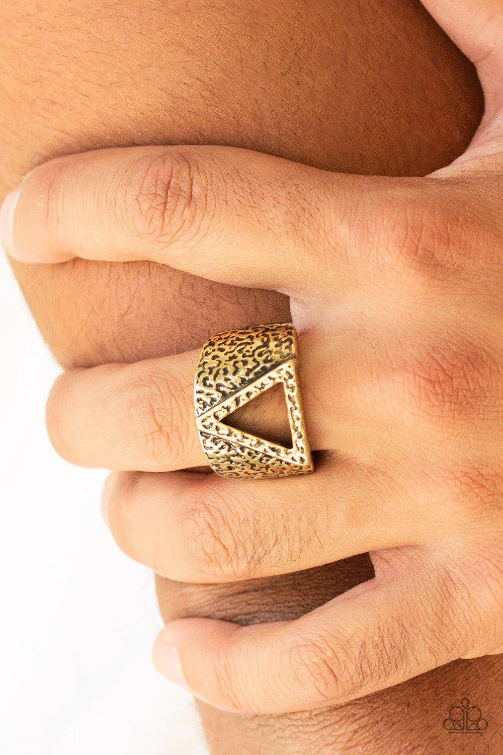 Triathlon Men&#39;s Brass Ring - Paparazzi Accessories- on model - CarasShop.com - $5 Jewelry by Cara Jewels