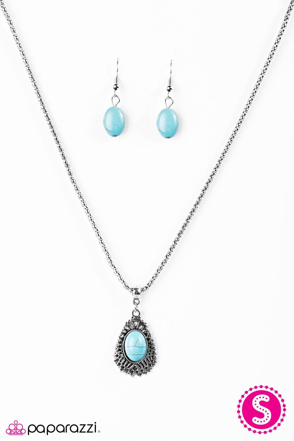 Tribal Enchantment Silver and Turquoise Blue Stone Necklace - Paparazzi Accessories-CarasShop.com - $5 Jewelry by Cara Jewels