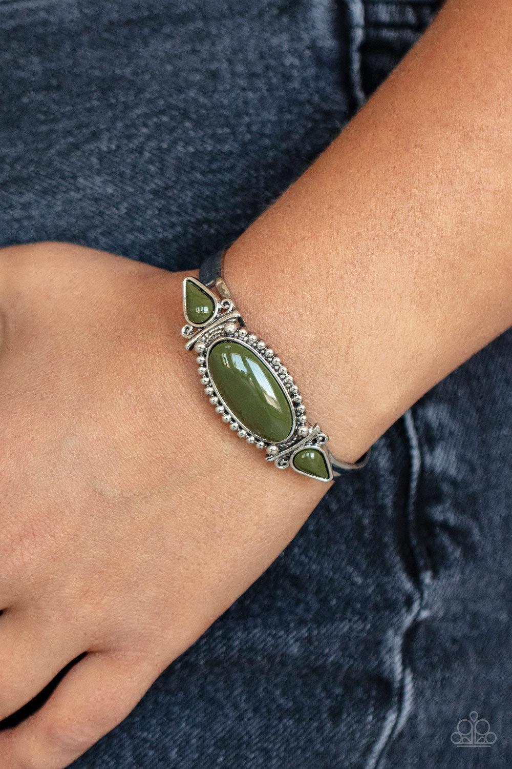 Tribal Trinket Green Cuff Bracelet - Paparazzi Accessories-on model - CarasShop.com - $5 Jewelry by Cara Jewels