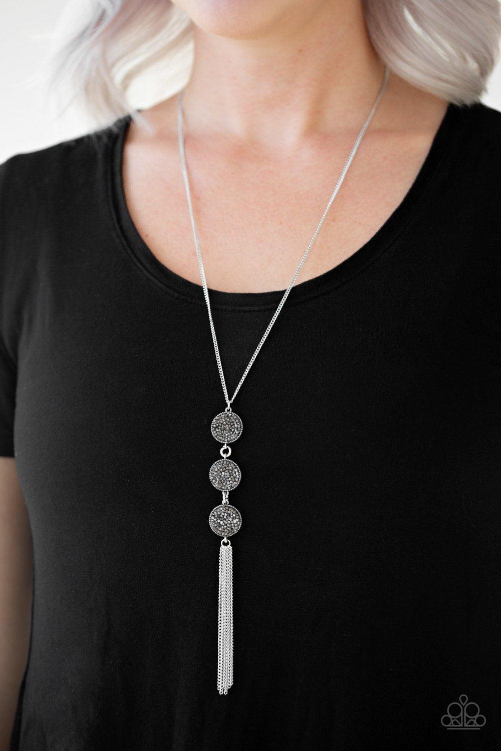 Triple Shimmer Silver Hematite and Smoky Rhinestone Tassel Necklace - Paparazzi Accessories-CarasShop.com - $5 Jewelry by Cara Jewels