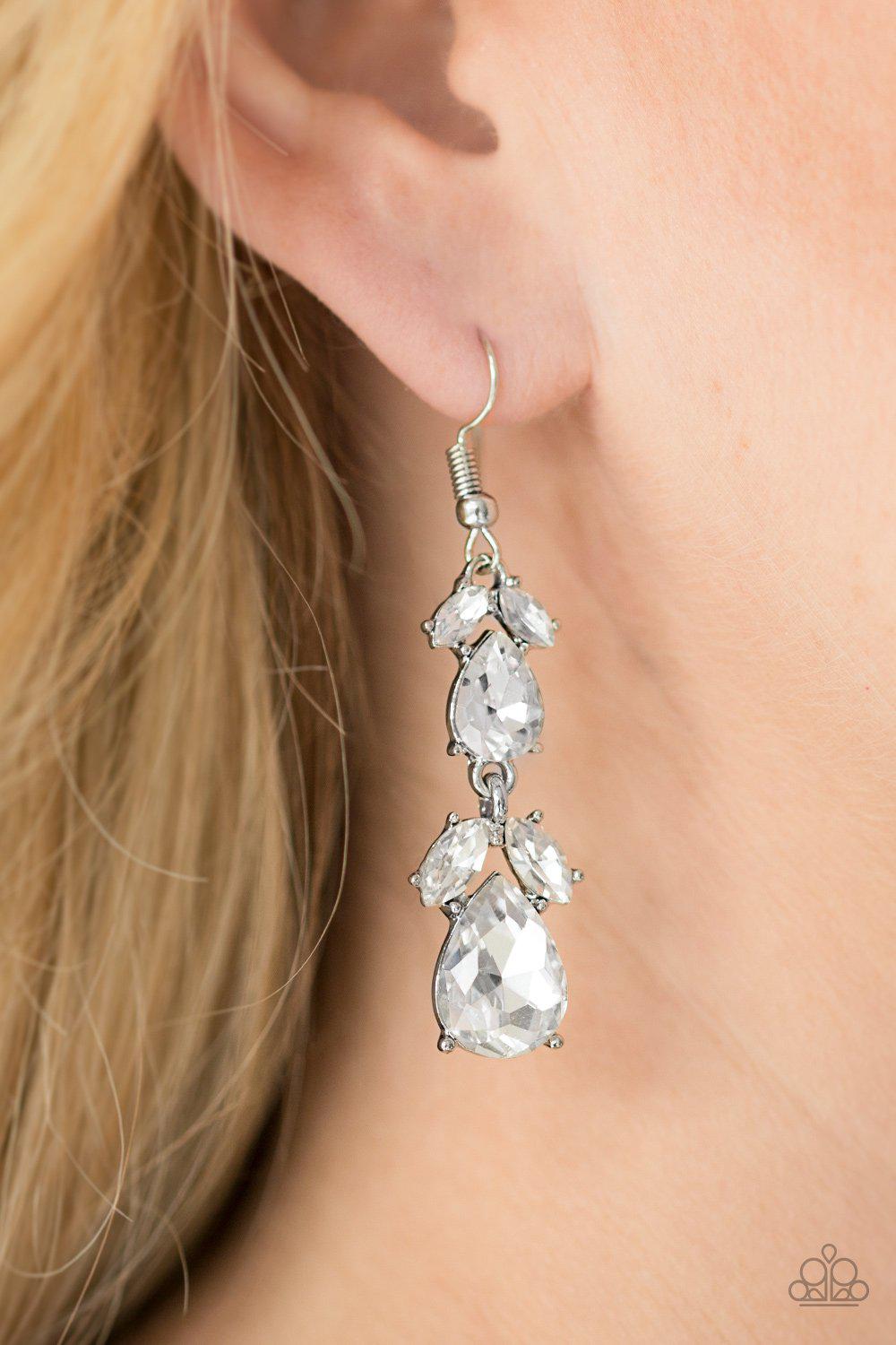 Trophy Hall White Rhinestone Earrings - Paparazzi Accessories-CarasShop.com - $5 Jewelry by Cara Jewels