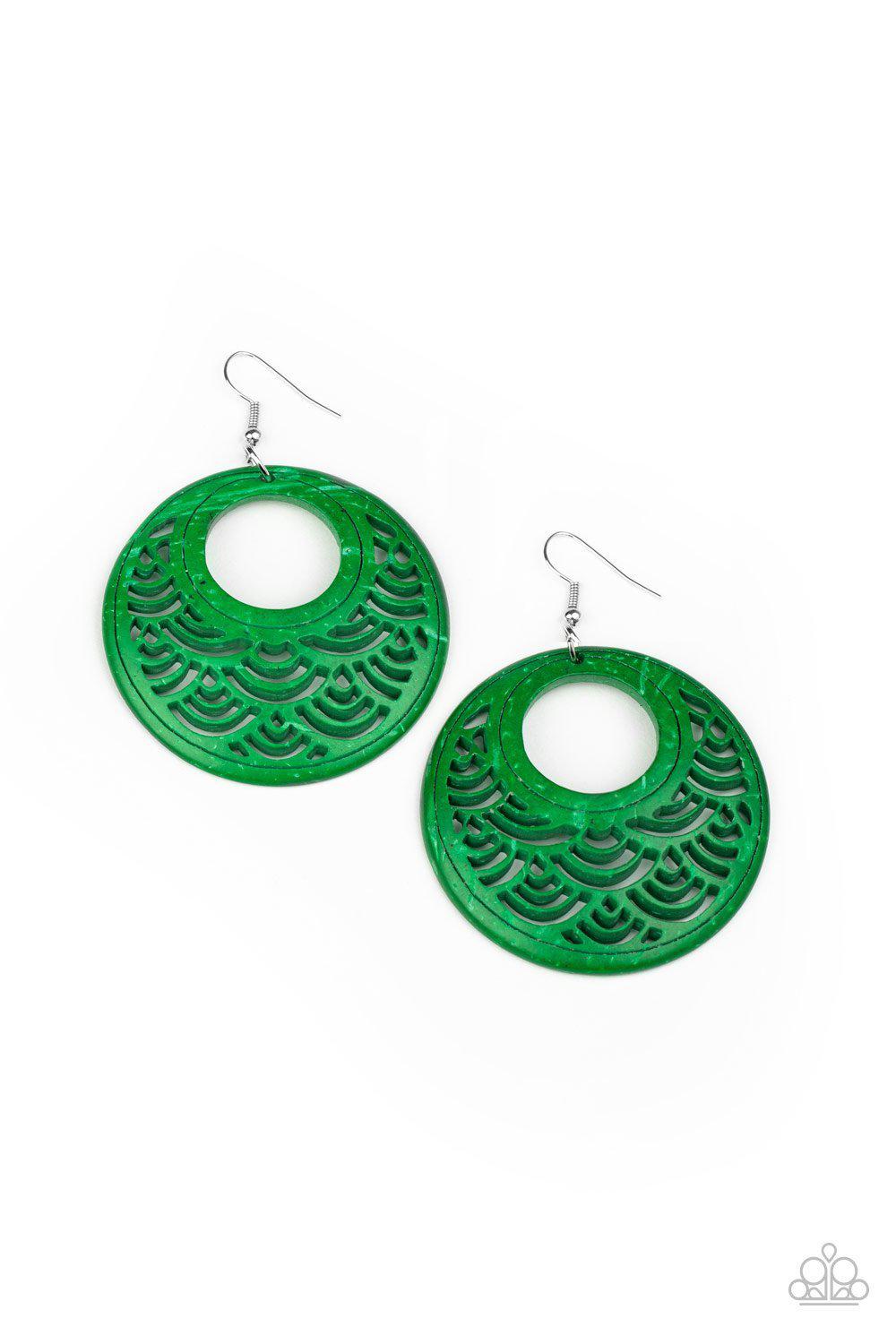 Tropical Canopy Green Wood Earrings - Paparazzi Accessories - lightbox -CarasShop.com - $5 Jewelry by Cara Jewels