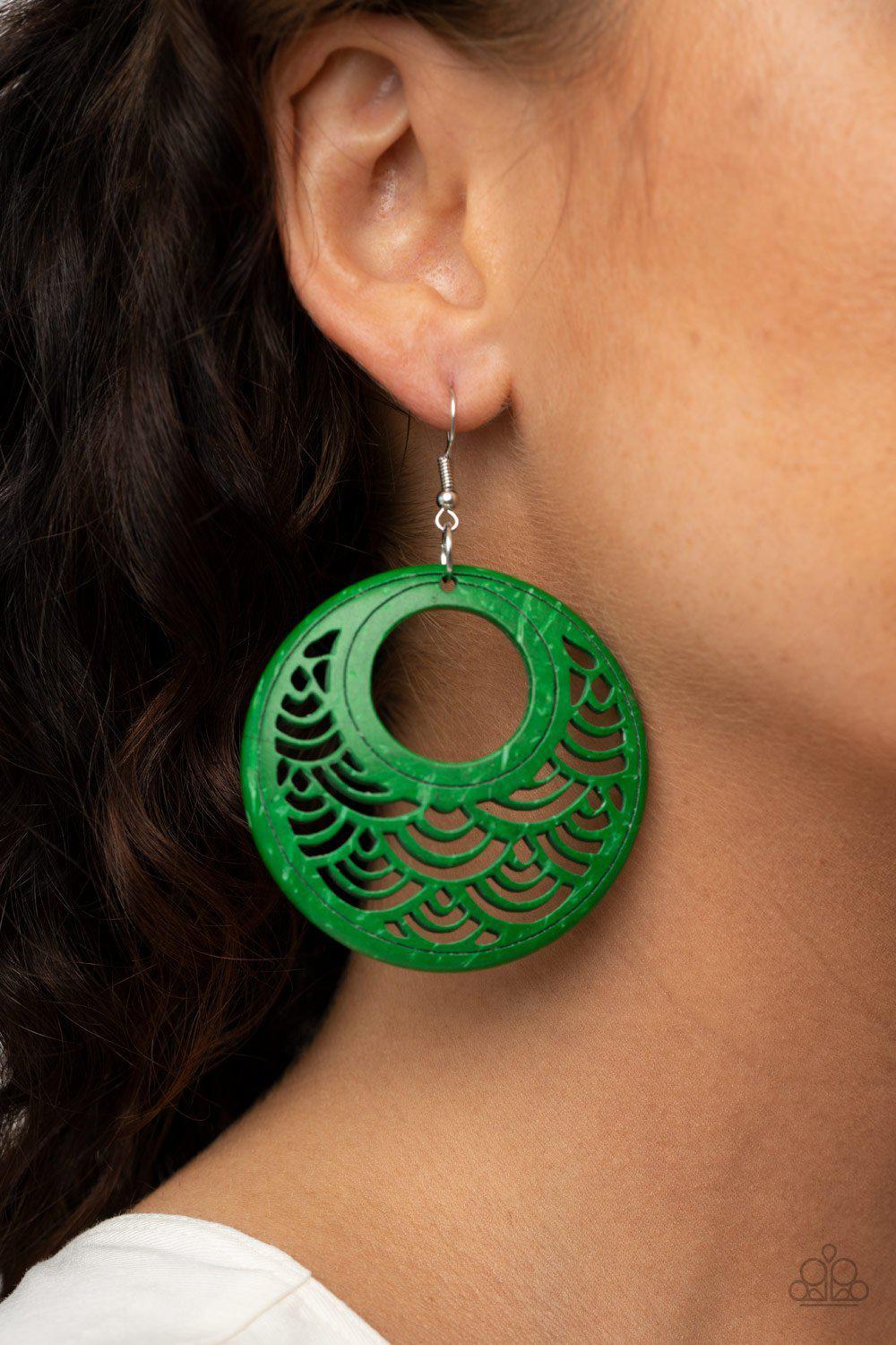 Tropical Canopy Green Wood Earrings - Paparazzi Accessories - model -CarasShop.com - $5 Jewelry by Cara Jewels
