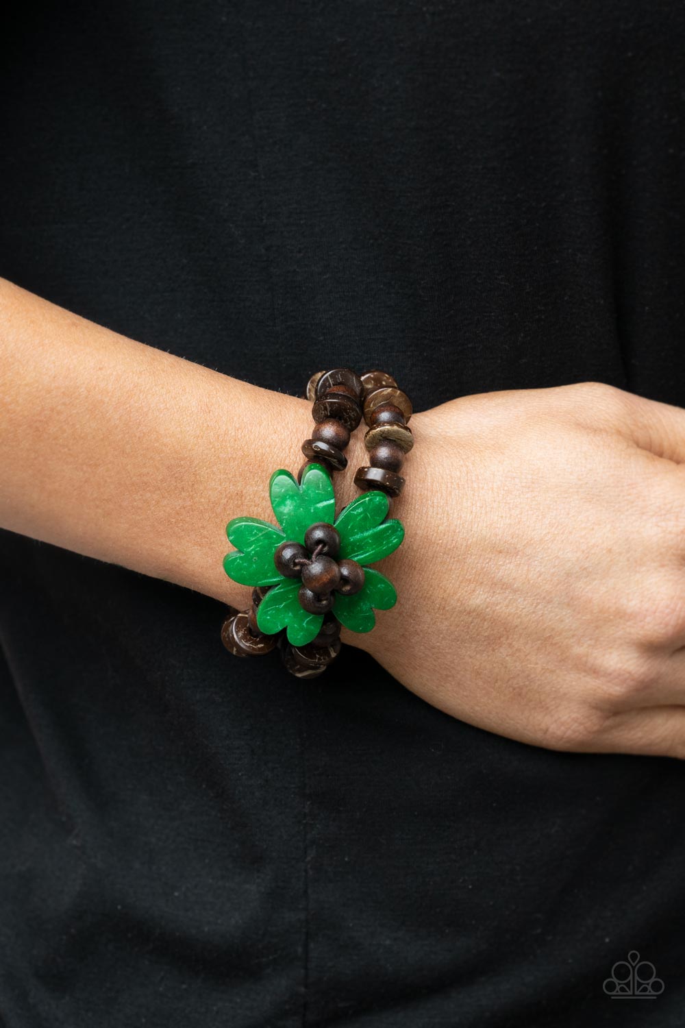 Tropical Flavor Green Wood Bracelet - Paparazzi Accessories-on model - CarasShop.com - $5 Jewelry by Cara Jewels