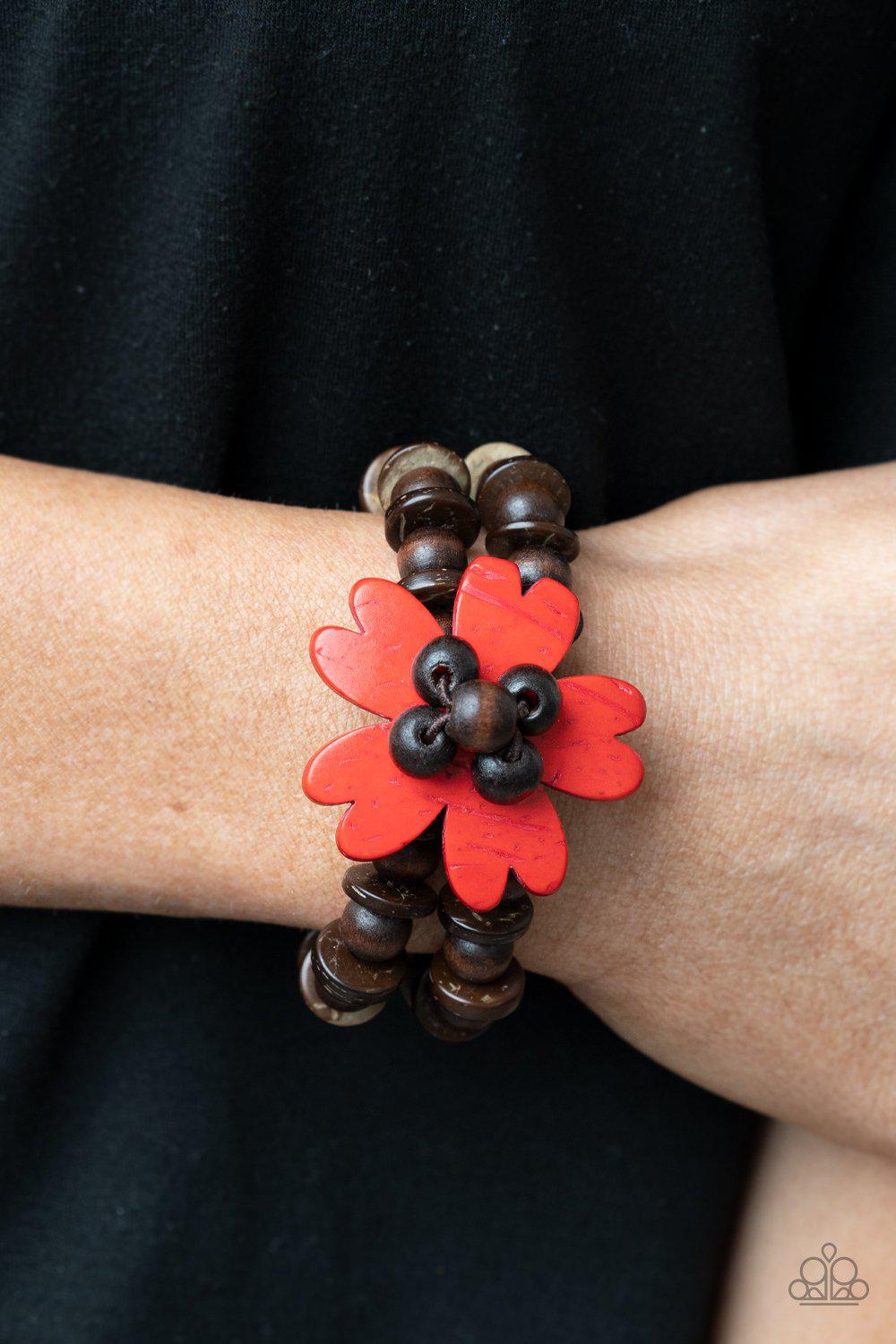 Tropical Flavor Red Wood Flower Bracelet - Paparazzi Accessories- model - CarasShop.com - $5 Jewelry by Cara Jewels