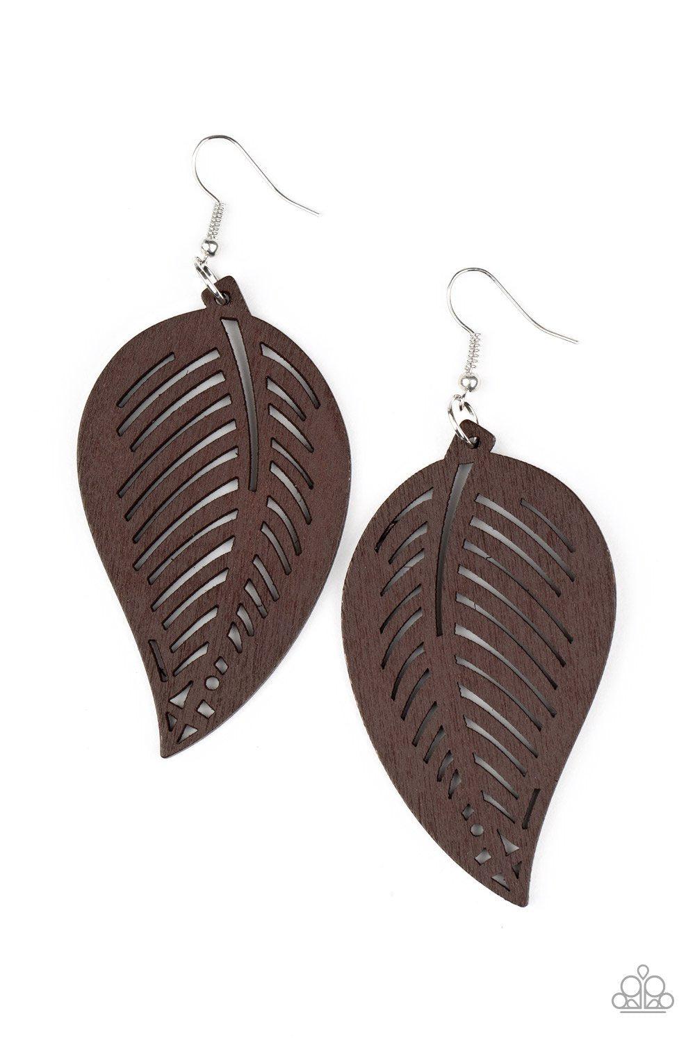 Tropical Foliage Brown Wood Leaf Earrings - Paparazzi Accessories-CarasShop.com - $5 Jewelry by Cara Jewels