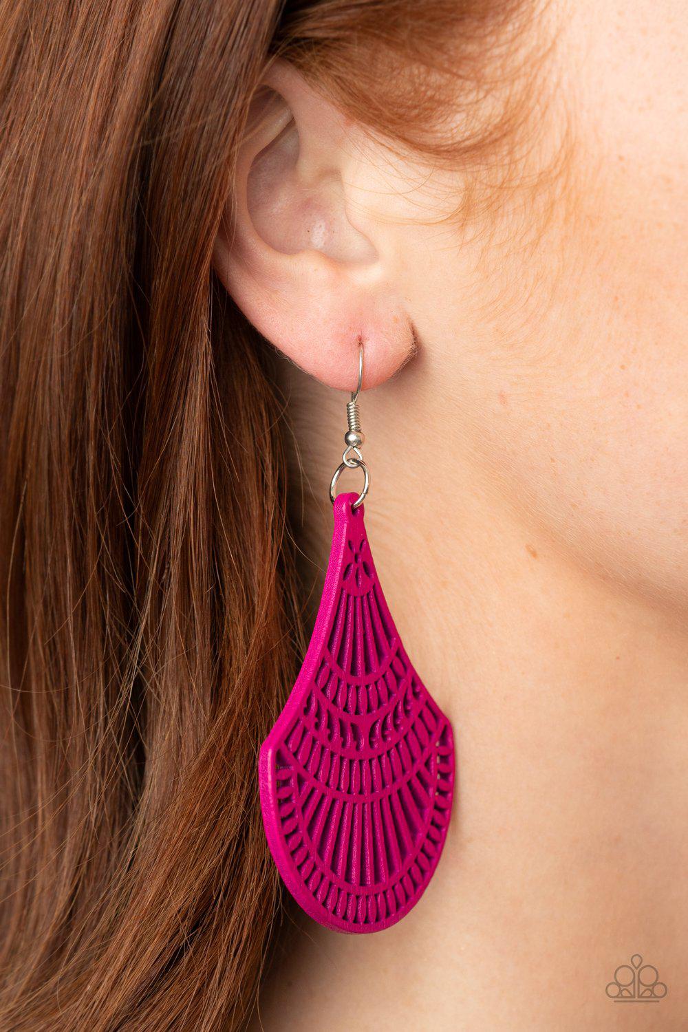 Tropical Tempest Pink Wood Earrings - Paparazzi Accessories - model -CarasShop.com - $5 Jewelry by Cara Jewels