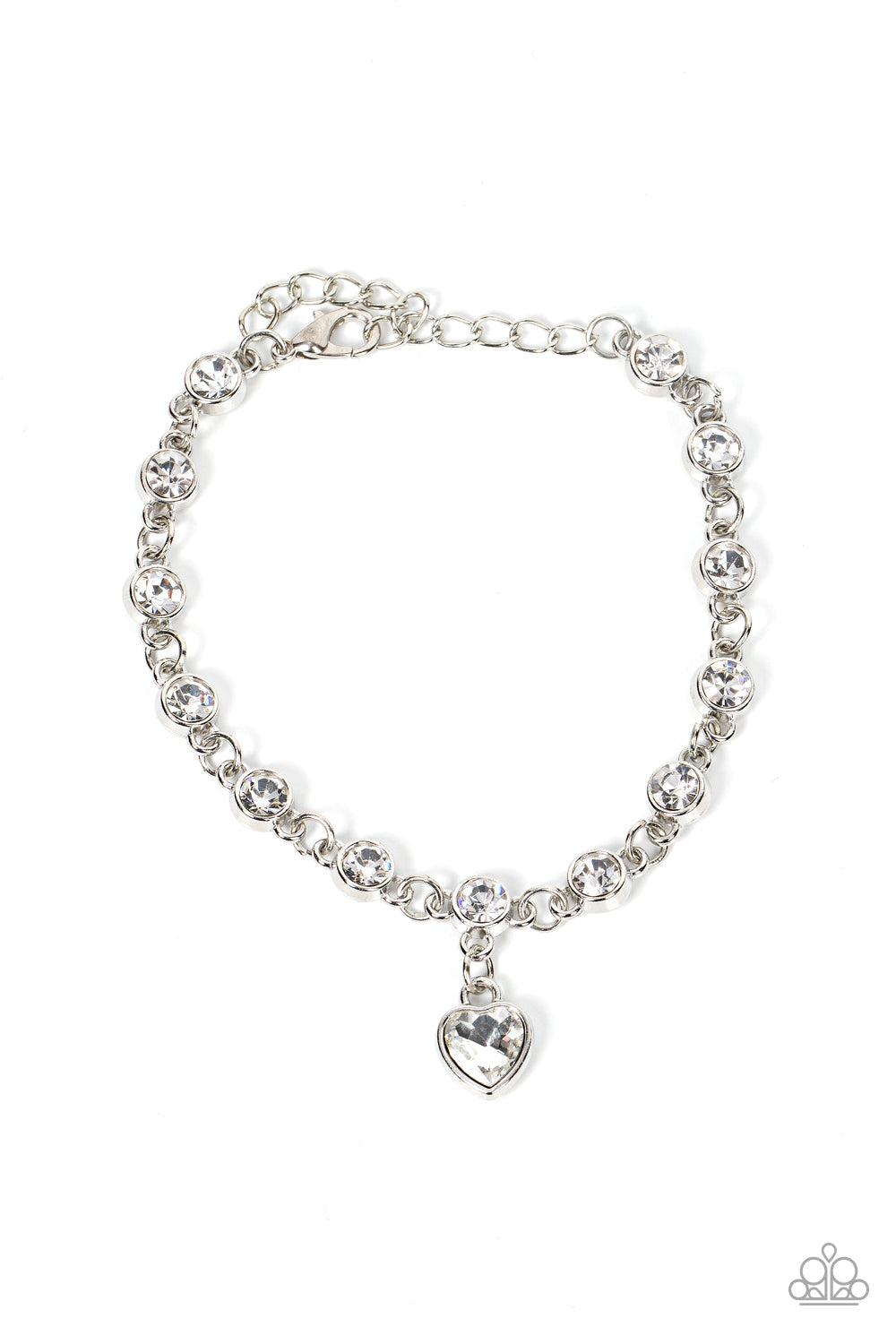 Truly Lovely White Rhinestone Heart Charm Bracelet - Paparazzi Accessories- lightbox - CarasShop.com - $5 Jewelry by Cara Jewels