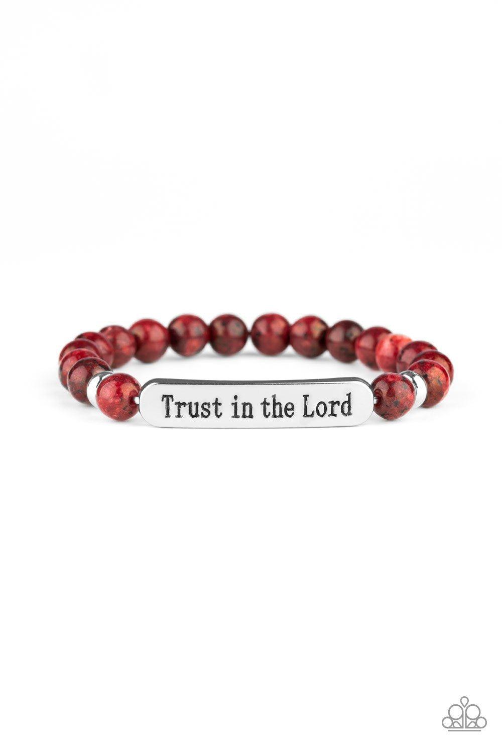 Trust Always Red Stone Stretch Word Bracelet - Paparazzi Accessories-CarasShop.com - $5 Jewelry by Cara Jewels