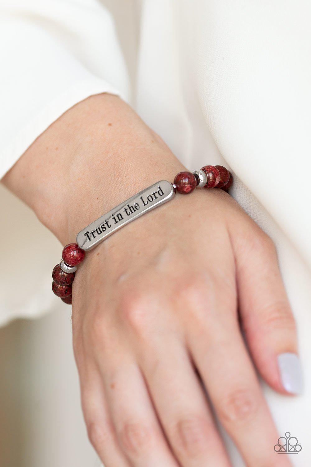 Trust Always Red Stone Stretch Word Bracelet - Paparazzi Accessories-CarasShop.com - $5 Jewelry by Cara Jewels