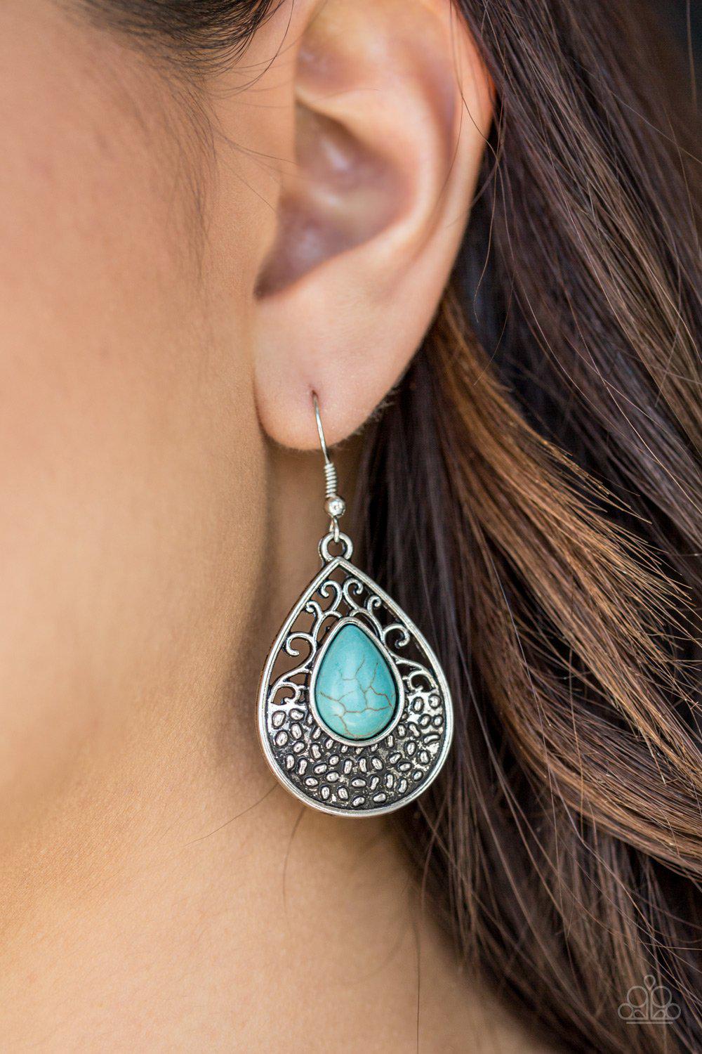 Tucson Tunes Silver and Turquoise Blue Stone Teardrop Earrings - Paparazzi Accessories-CarasShop.com - $5 Jewelry by Cara Jewels