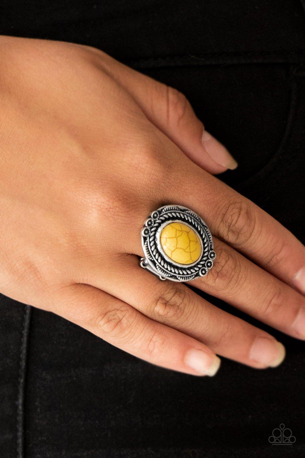Tumblin&#39; Tumbleweeds Yellow Stone Ring - Paparazzi Accessories - model -CarasShop.com - $5 Jewelry by Cara Jewels