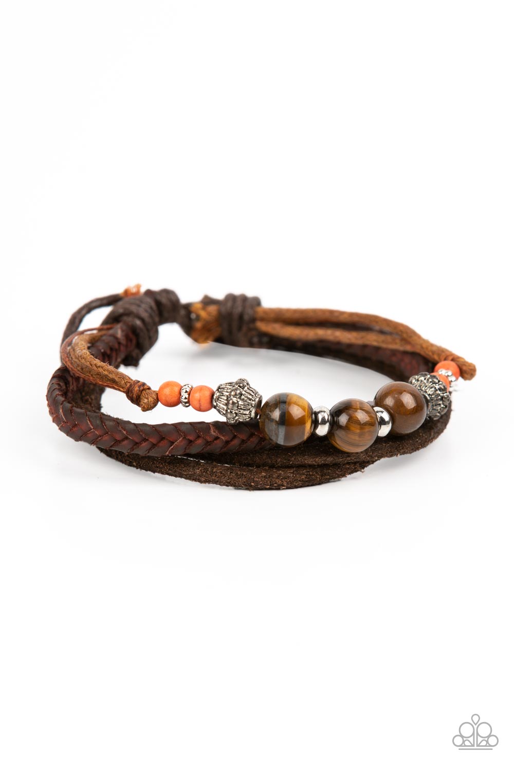 Tundra Tracker Orange, Tiger's Eye and Brown Leather Urban Bracelet - Paparazzi Accessories- lightbox - CarasShop.com - $5 Jewelry by Cara Jewels